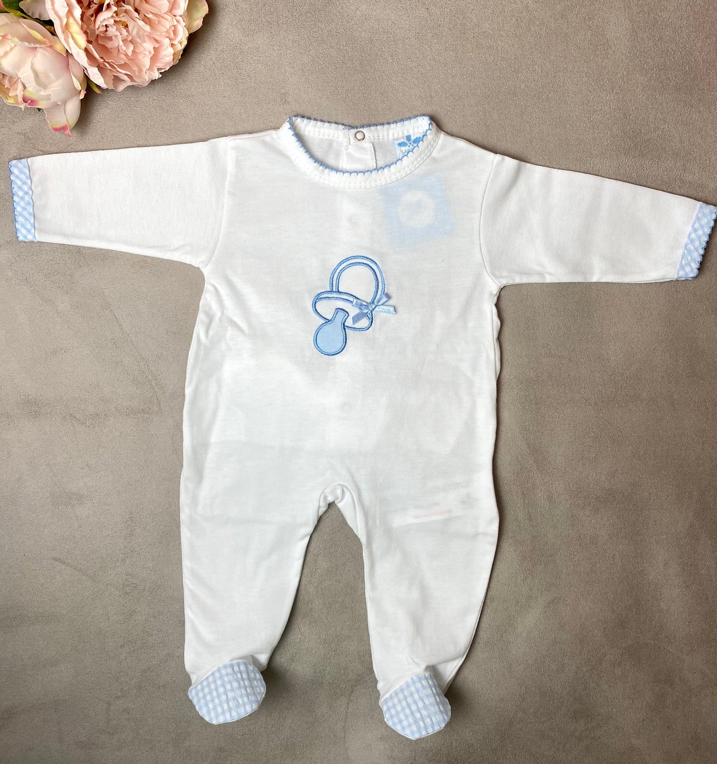 SS22 Sardon Blue & White Dummy Motif Babygrow
