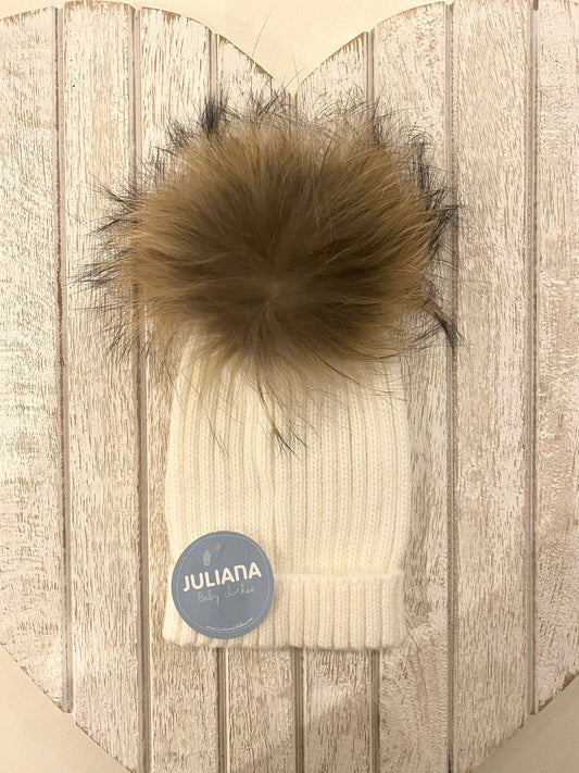 AW22 Juliana Ivory Ribbed Knitted Pom Pom Hat