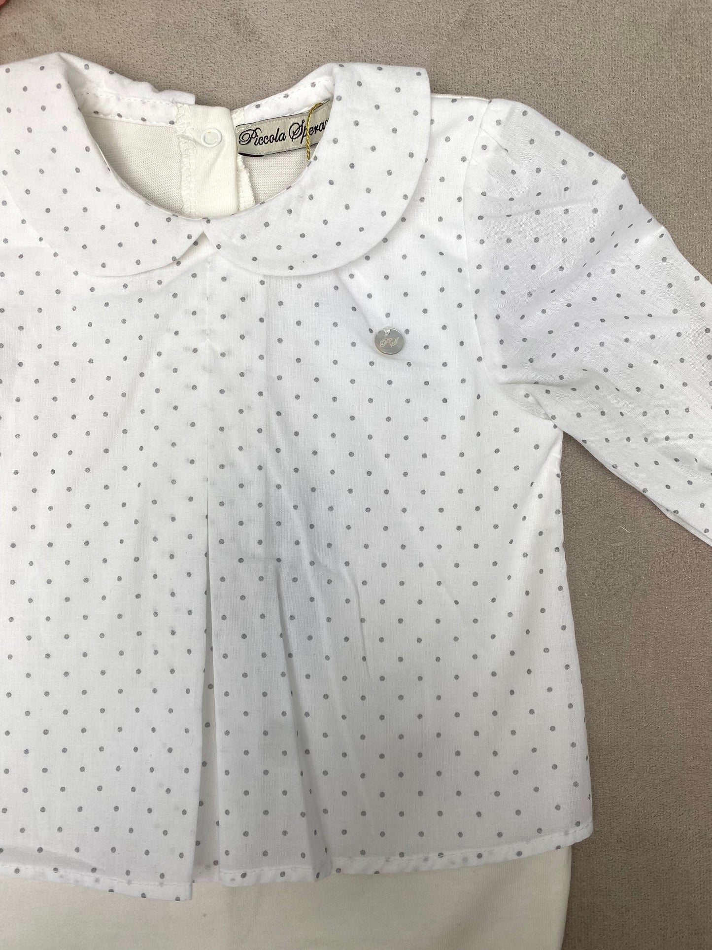 SS22 Piccola Speranza Ivory & Grey Polka-dot Babygrow